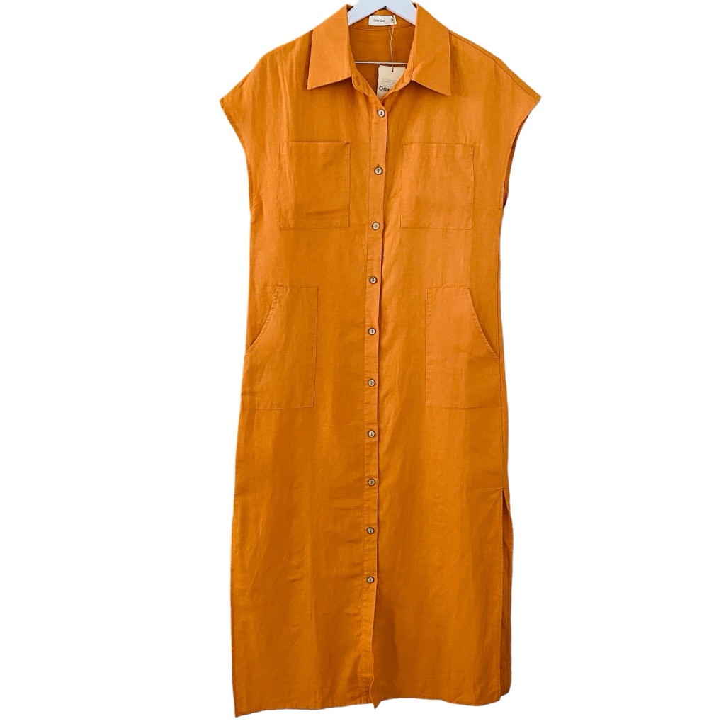 Grae Cove Nwt Orange Blair Linen Blend Button Down Front Side Slit Midi Dress — image 2 of 8